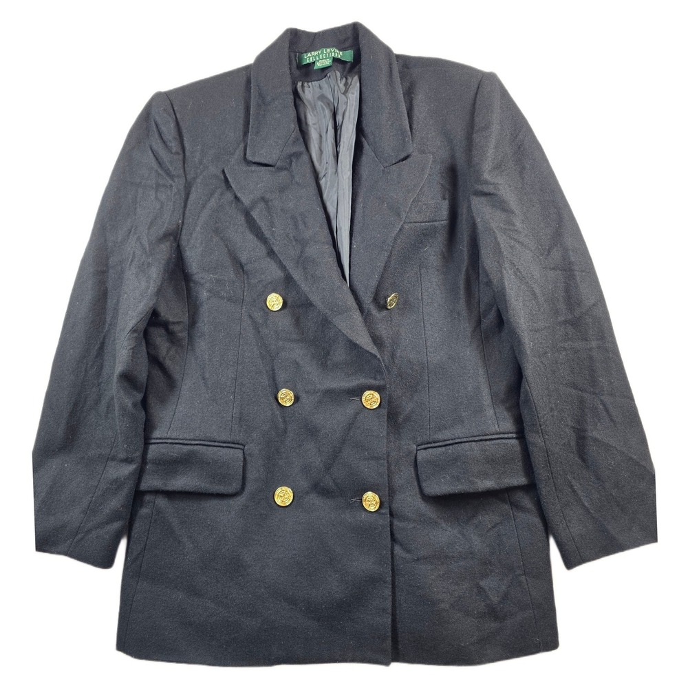 Larry Levine Double Breasted Blazer Women L XL Black Wool Blend Gold Button